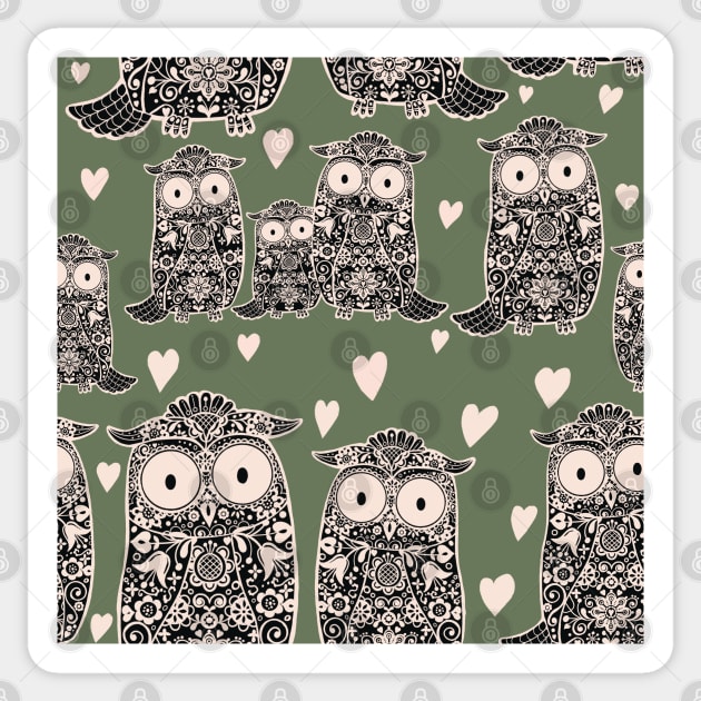 Folk Art Owls, Owlets and Hearts on Green Sticker by NattyDesigns